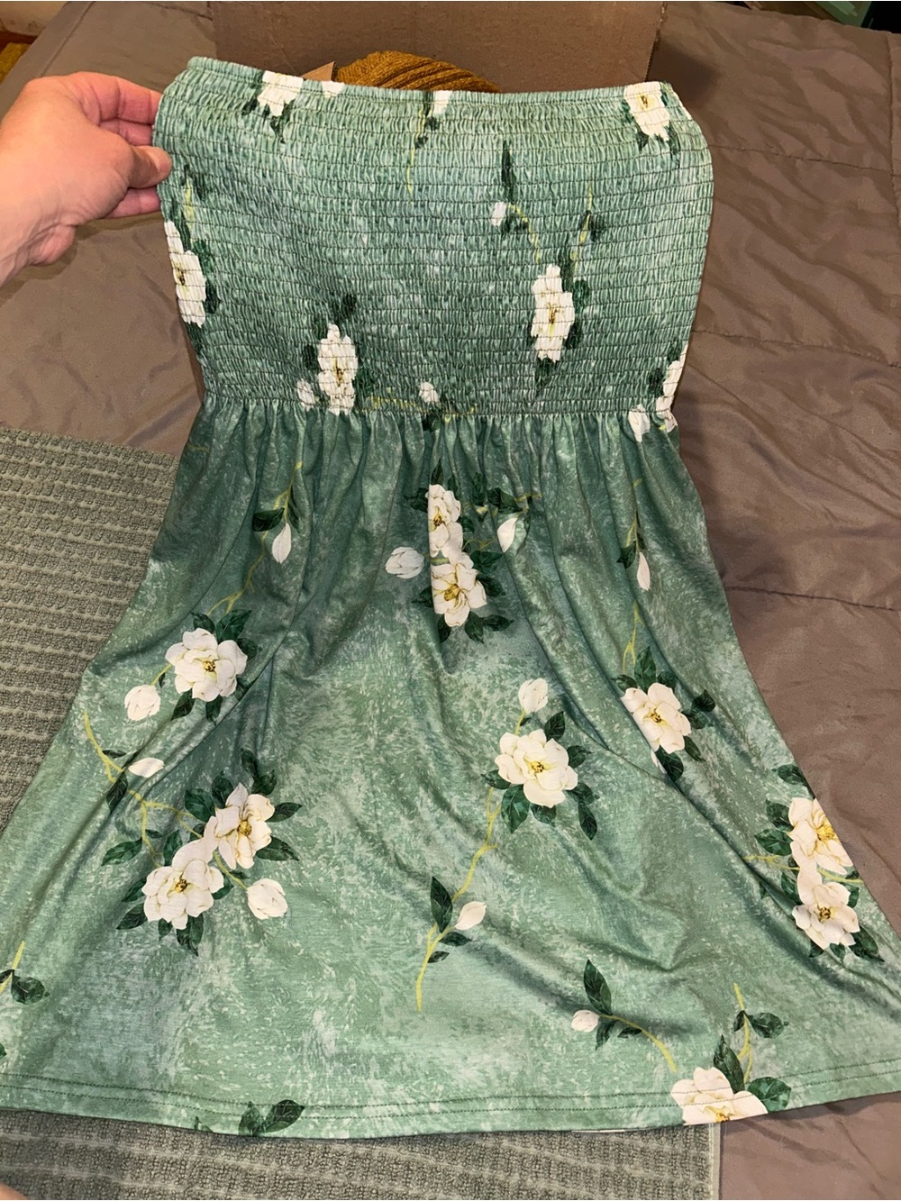 Green Floral Strapless Smocked Dress